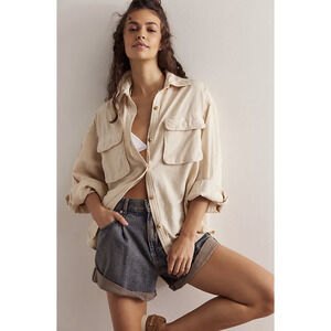 Free People We Are Free Made For Sun Linen Shirt Wet Plaster Size L